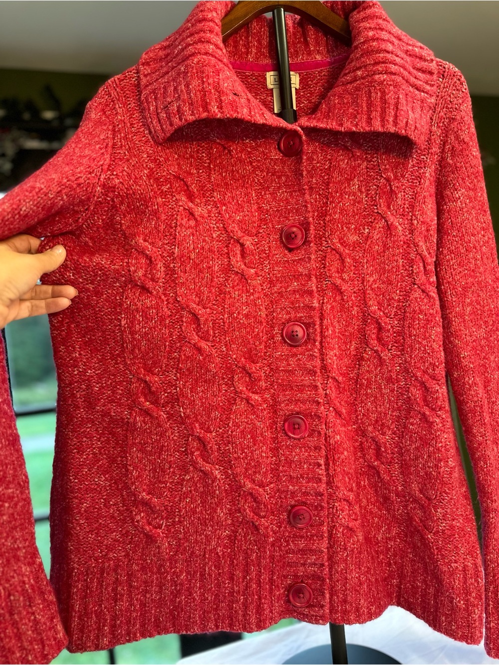 L.L.Bean Women’s Pink Cable-Knit Collared Button-Front Cardigan Sweater L